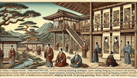 DALL?E 2024-07-09 01.19.36 - A historical scene depicting the development of hanging scrolls (kakejiku) in Japan. During the Heian period (794-1185), Japanese artisans are seen de