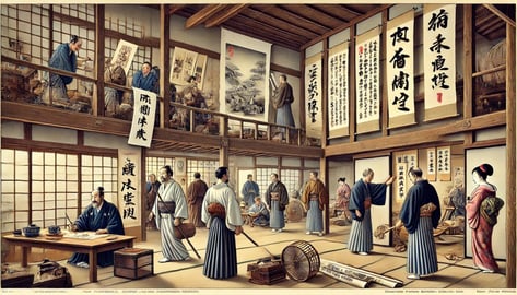 DALL?E 2024-07-09 01.20.30 - A historical scene depicting the popularization of hanging scrolls (kakejiku) during the Edo period (1603-1868). The scene shows hanging scrolls being