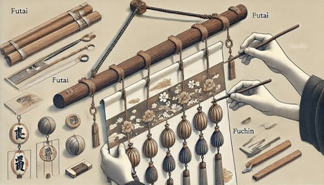 DALL?E 2024-07-21 13.23.44 - A detailed image depicting the process of attaching the futai (decorative strip) and fuchin (hanging weights) to a traditional Japanese hanging scroll