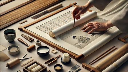 DALL?E 2024-07-21 13.23.47 - A detailed image depicting the final adjustment and finishing touches of a traditional Japanese hanging scroll (kakejiku). The fully assembled scroll 