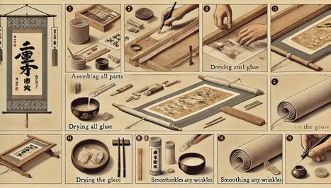 DALL?E 2024-07-21 13.32.01 - A detailed image depicting the final adjustments and finishing touches on a traditional Japanese hanging scroll (kakejiku). After assembling all parts