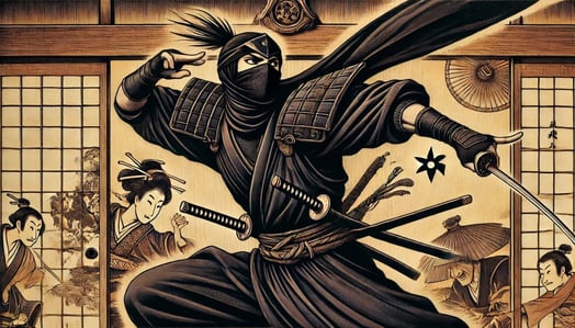 DALL?E 2024-08-11 01.30.04 - A 16_9 image depicting the traditional Edo period (1603-1868) portrayal of a ninja, wearing a black outfit and wielding a shuriken. The ninja is depic