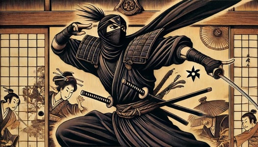 DALL?E 2024-08-11 01.30.04 - A 16_9 image depicting the traditional Edo period (1603-1868) portrayal of a ninja, wearing a black outfit and wielding a shuriken. The ninja is depic