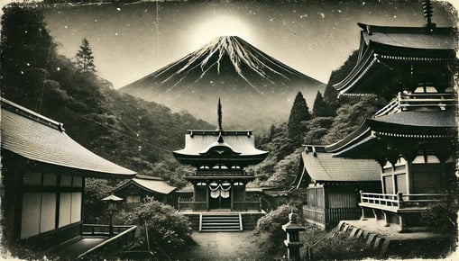 DALL?E 2024-09-19 09.03.52 - A slightly grainy, black-and-white image in the style of an old photograph, depicting the origins of Omiwa Shrine (大神神社) and the sacred mountain worsh