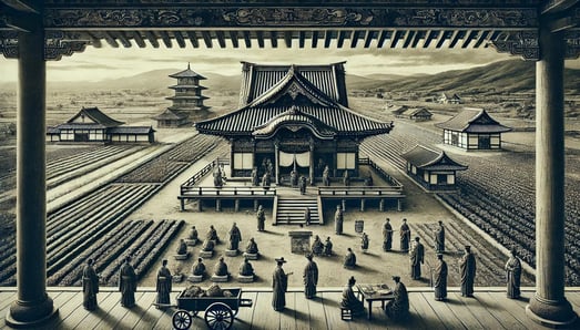 DALL?E 2024-09-19 09.03.56 - A black-and-white image in the style of an old photograph, depicting Omiwa Shrine during the Nara period (710-794 AD) when it flourished under the sup