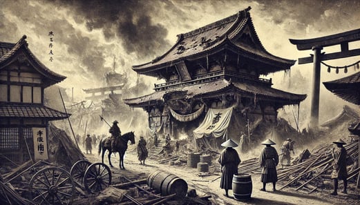 DALL?E 2024-09-19 09.04.00 - A black-and-white image in the style of an old photograph, depicting Omiwa Shrine during the turbulent medieval period (12th-16th centuries). The scen