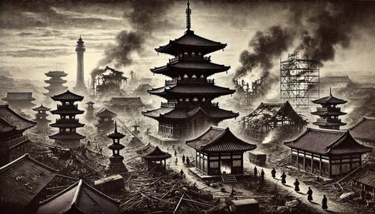 DALL?E 2024-09-20 22.01.03 - A black-and-white image in the style of an old photograph, depicting Kofukuji Temple during the period of civil unrest between 1333 and 1603. The scen