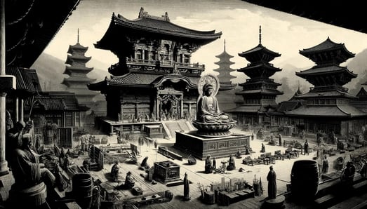 DALL?E 2024-09-20 22.02.06 - A black-and-white image in the style of an old photograph, depicting Kofukuji Temple during the Heian and Kamakura periods (794-1333). The temple is s