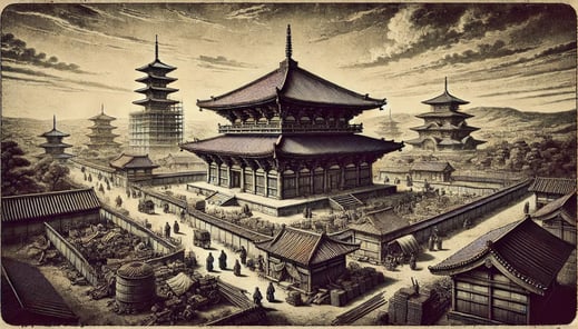 DALL?E 2024-09-20 22.03.33 - A black-and-white image in the style of an old photograph, depicting the founding and flourishing of Kofukuji Temple during the Nara period (669-794 A