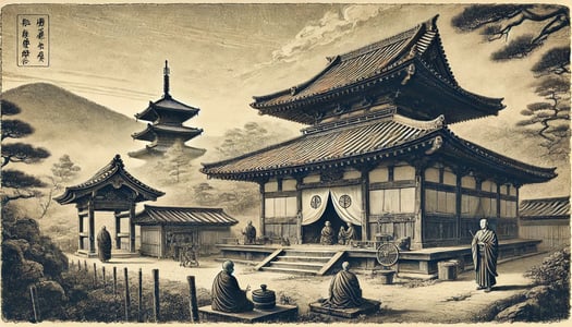 DALL?E 2024-09-21 02.34.14 - A black-and-white image in the style of an old photograph, depicting the founding of Toshodaiji Temple in 759 AD by Ganjin. The scene shows the early,