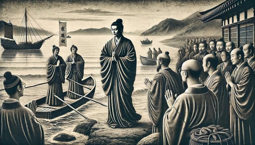 DALL?E 2024-09-21 02.35.37 - A black-and-white image in the style of an old photograph, depicting Ganjins arrival in Japan in 753 AD after six attempts to cross the sea from Chin