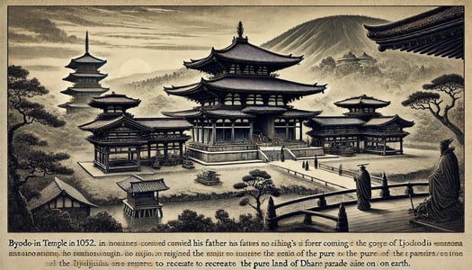 DALL?E 2024-09-21 13.49.21 - A black-and-white image in the style of an old photograph, depicting the founding of Byodo-in Temple in 1052. The scene shows Fujiwara no Yorimichi co