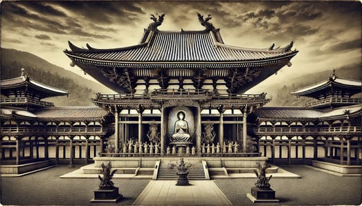 DALL?E 2024-09-21 13.49.24 - A black-and-white image in the style of an old photograph, depicting the completion of the Phoenix Hall (Hoo-do) at Byodo-in Temple in 1053. The image