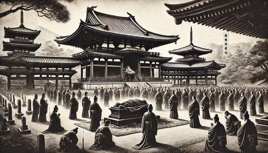 DALL?E 2024-09-21 13.49.31 - A black-and-white image in the style of an old photograph, depicting the death of Fujiwara no Yorimichi in 1074 at Byodo-in Temple. The scene captures