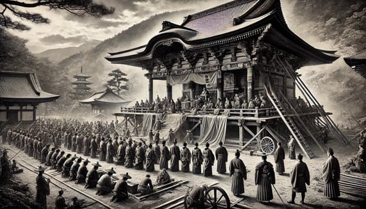 DALL?E 2024-09-24 08.51.21 - A black-and-white image in the style of an old photograph, depicting the 1582 restoration of Koyasans temple by Toyotomi Hideyoshi, who renamed it Ko