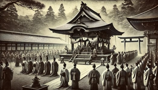 DALL?E 2024-09-27 22.27.46 - A black-and-white image in the style of an old photograph, depicting the event in 859 when Izanagi Shrine was granted the highest divine rank, Shoich