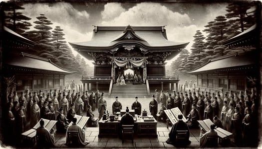 DALL?E 2024-09-27 22.27.49 - A black-and-white image in the style of an old photograph, depicting the historical moment when Izanagi Shrine was recorded in the Engishiki Jinmyoch