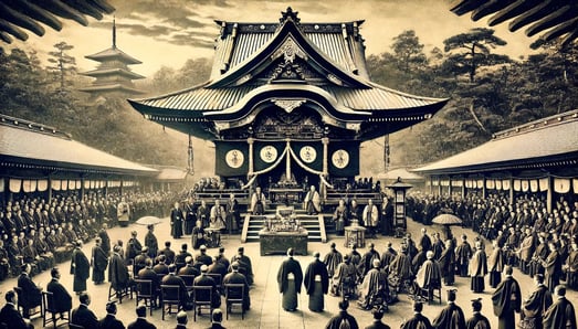 DALL?E 2024-09-27 22.27.52 - A black-and-white image in the style of an old photograph, depicting the moment in 1871 when Izanagi Shrine was elevated to the status of Kokuhei Chus