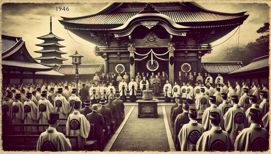 DALL?E 2024-09-27 22.27.57 - A black-and-white image in the style of an old photograph, depicting the moment in 1946 when Izanagi Shrine came under the jurisdiction of the Associa