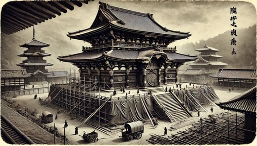 DALL?E 2024-09-28 21.29.52 - A black-and-white image in the style of an old photograph, depicting the 1591 reconstruction of Naritasan Shinshoji Temple under the patronage of Toyo