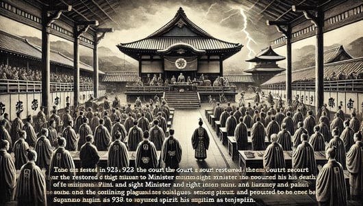 DALL?E 2024-09-29 02.29.31 - A black-and-white image in the style of an old photograph, depicting the events in 923 when the court restored the title of Sugawara no Michizane to R