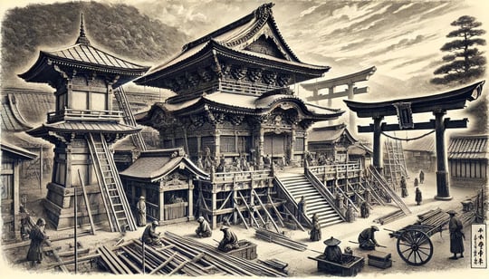 DALL?E 2024-09-29 02.29.36 - A black-and-white image in the style of an old photograph, depicting the 1591 reconstruction of Dazaifu Tenmangu Shrine by the warlord Kobayakawa Taka