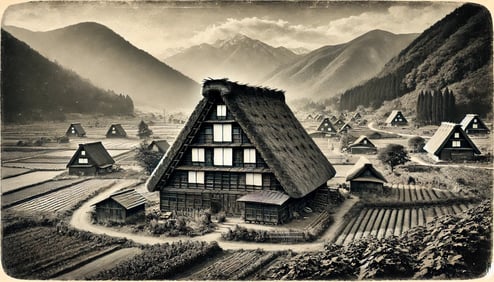 DALL?E 2024-09-30 23.10.21 - A black-and-white image in the style of an old photograph, depicting the remote mountain village of Shirakawa-go in the late 19th century during the M