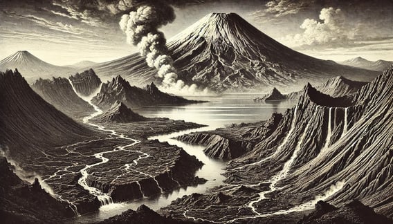 DALL?E 2024-10-06 18.17.03 - A black-and-white image in the style of an old photograph, depicting the 864 eruption of Mount Fuji (Jogan eruption) and the formation of Lake Kawaguc