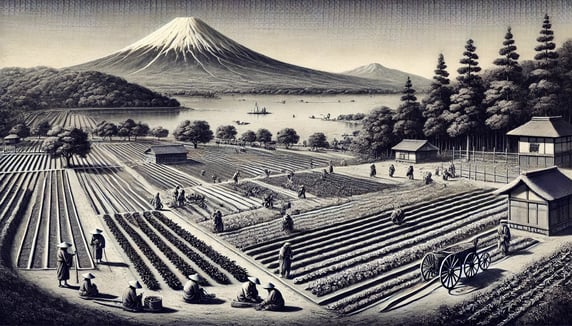 DALL?E 2024-10-06 18.17.19 - A black-and-white image in the style of an old photograph, depicting the development of agriculture around Lake Kawaguchi during the 1600s. The scene 