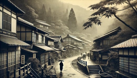 DALL?E 2024-10-12 12.09.36 - A black-and-white image in the style of an old photograph, depicting the setting of Kinosaki Onsen in 1917 when the famous author Shiga Naoya visited 