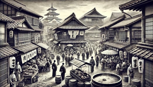 DALL?E 2024-10-12 12.09.40 - A black-and-white image in the style of an old photograph, depicting Kinosaki Onsen during the Edo period when it flourished as one of the most famous