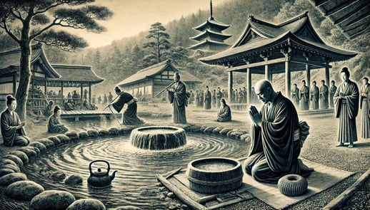 DALL?E 2024-10-12 12.10.33 - A black-and-white image in the style of an old photograph, depicting the origins of Kinosaki Onsen in 717 during the Nara period. The scene shows the 