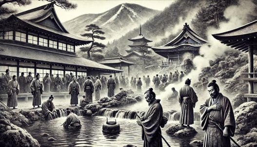 DALL?E 2024-10-14 01.07.07 - A black-and-white image in the style of an old photograph, depicting Emperor Jomeis visit to Arima Onsen in 631 during the Asuka period. The image sh