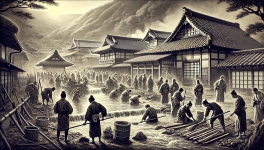 DALL?E 2024-10-14 01.07.18 - A black-and-white image in the style of an old photograph, depicting the 1097 reconstruction of Arima Onsen by the monk Ninshi after a devastating flo