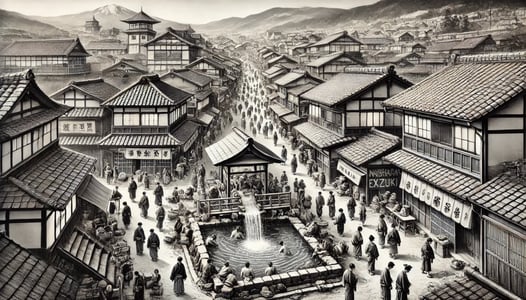 DALL?E 2024-10-14 01.07.24 - A black-and-white image in the style of an old photograph, depicting Arima Onsen during the Edo period as it became widely used by the common people. 