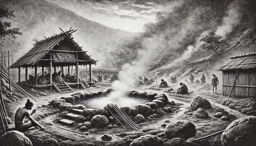 DALL?E 2024-10-17 08.32.53 - A black-and-white image in the style of an old photograph, depicting the origins of Dogo Onsen around 3000 BCE, making it one of Japans oldest hot sp