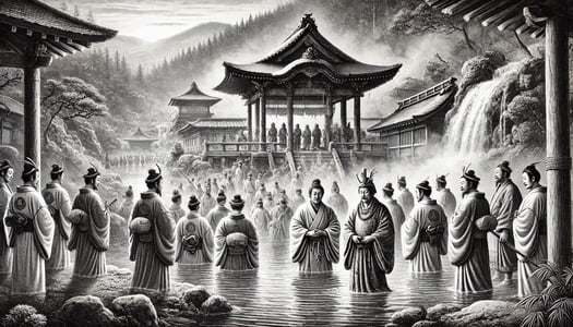 DALL?E 2024-10-17 08.32.58 - A black-and-white image in the style of an old photograph, depicting Emperor Jomeis visit to Dogo Onsen in 593, as recorded in the Nihon Shoki. The i