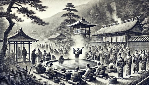 DALL?E 2024-10-17 08.33.03 - A black-and-white image in the style of an old photograph, depicting Dogo Onsen as it appeared in 759 when it was mentioned in the Manyoshu, Japans 