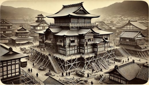 DALL?E 2024-10-17 08.33.07 - A black-and-white image in the style of an old photograph, depicting the construction of the Dogo Onsen Honkan in 1894 during the Meiji period. The bu