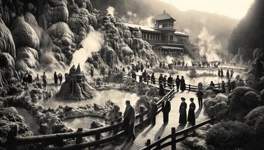 DALL?E 2024-10-27 17.08.51 - A black-and-white image in the style of an old photograph, depicting the formal establishment of Beppus famous Jigoku Meguri (Hell Tour) in 1924. T