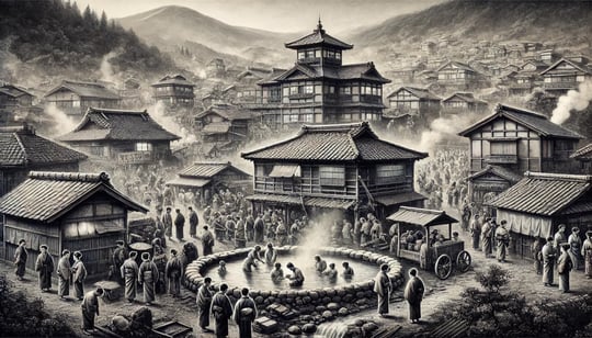 DALL?E 2024-10-27 17.08.56 - A black-and-white image in the style of an old photograph, depicting Beppu Onsen in the Edo period (1603-1868) as it developed as a toji (therapeuti