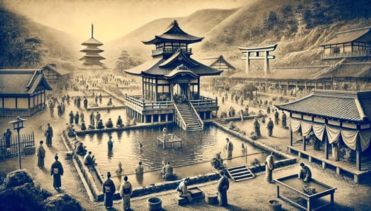 DALL?E 2024-10-27 17.09.01 - A black-and-white image in the style of an old photograph, depicting Beppu Onsen in the 12th century during Japans Heian period. The scene reflects t