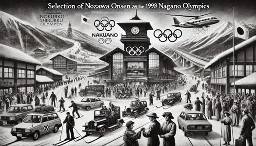 DALL?E 2024-11-09 09.52.01 - A black-and-white image in the style of an old photograph, depicting the selection of Nozawa Onsen Ski Resort as a venue for the 1998 Nagano Olympics