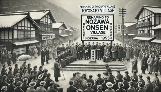 DALL?E 2024-11-09 09.52.03 - A black-and-white image in the style of an old photograph, depicting the renaming of Toyosato Village to Nozawa Onsen Village in 1953, highlighting th