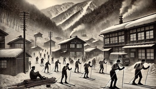 DALL?E 2024-11-09 09.52.06 - A black-and-white image in the style of an old photograph, depicting the introduction of skiing culture to Nozawa Onsen in the late Meiji period (arou