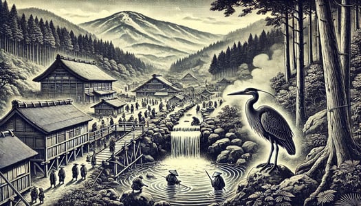 DALL?E 2024-11-17 20.39.05 - A black-and-white image in the style of an old photograph, depicting the historic discovery of hot springs on Yuga Mine near modern-day Gero Onsen dur