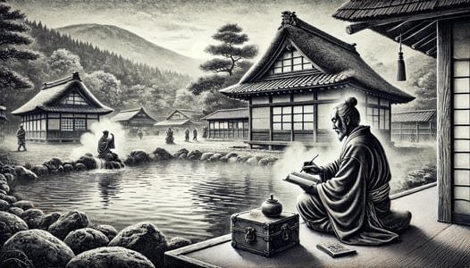 DALL?E 2024-11-17 20.39.13 - A black-and-white image in the style of an old photograph, depicting the Muromachi period poet and monk Banri Shukyu visiting Gero Onsen around 1480. 