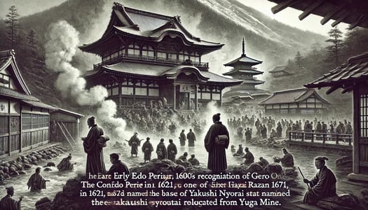 DALL?E 2024-11-17 20.39.17 - A black-and-white image in the style of an old photograph, depicting the early Edo period (1600s) recognition of Gero Onsen by Confucian scholar Hayas