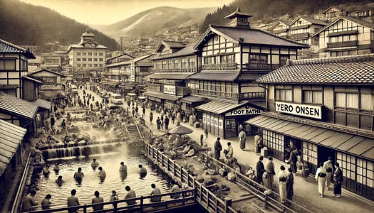 DALL?E 2024-11-17 20.39.41 - A black-and-white image in the style of an old photograph, depicting modern-day Gero Onsen as a thriving tourist destination. The scene shows the bust