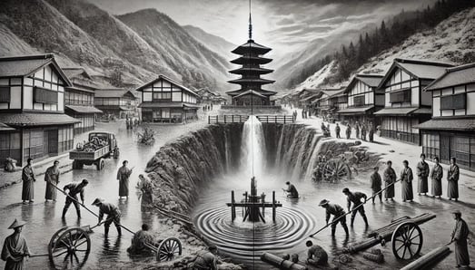 DALL?E 2024-11-17 20.41.18 - A black-and-white image in the style of an old photograph, depicting the historical challenges and recovery of Gero Onsen during the 1900s due to recu